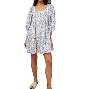 Rails Pippa Dress Watercolor Buds Puff Sleeves Babydoll Cream Blue Small S